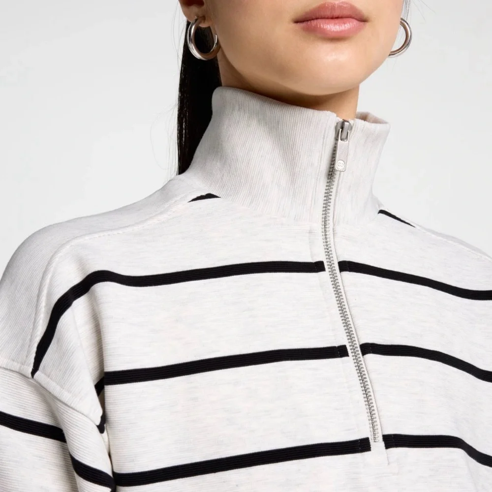 (NWT) CALIA Soft Scuba Ottoman Mock Neck 1/4 Zip in Cloud Cover Heather Stripe - Picture 7 of 16